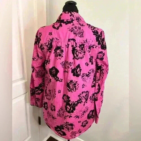 Roamans Womens Plus 14W Bright Fuchsia & Black Floral Cotton‎ Button Down Blouse - Picture 3 of 10